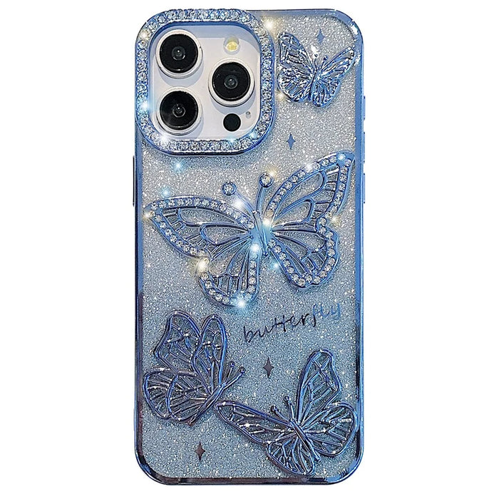 For iPhone 16 Pro Case Rhinestones Decor 3D Butterfly TPU Phone Cover with Glitter Paper - Blue - 1