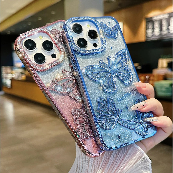 For iPhone 16 Pro Case Rhinestones Decor 3D Butterfly TPU Phone Cover with Glitter Paper - Blue - 3