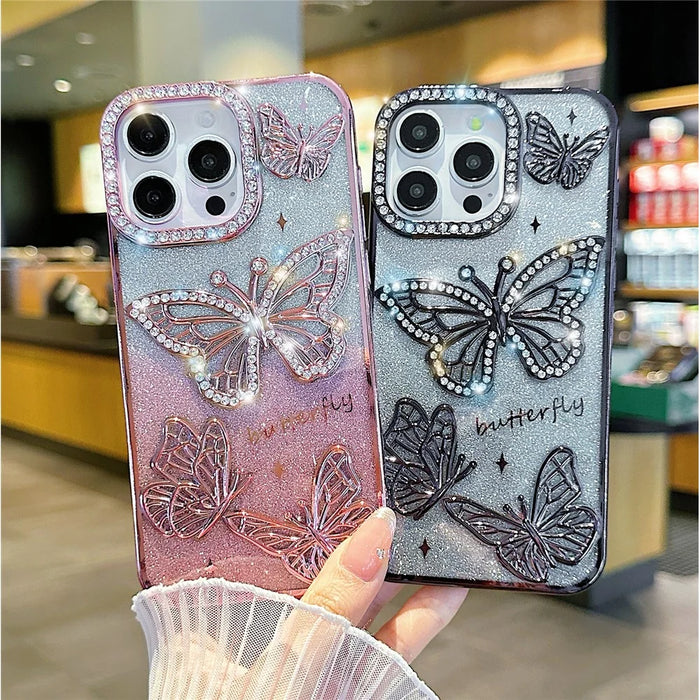 For iPhone 16 Pro Case Rhinestones Decor 3D Butterfly TPU Phone Cover with Glitter Paper - Blue - 4