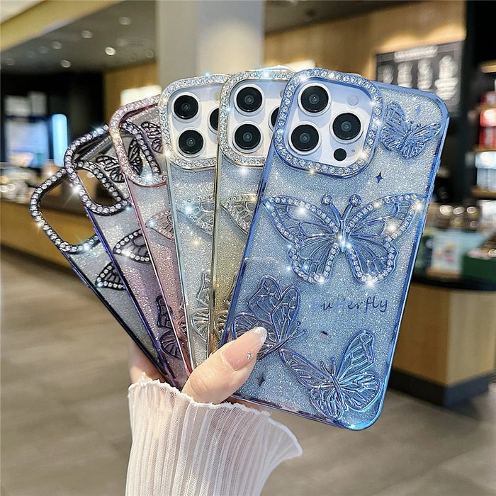 For iPhone 16 Pro Case Rhinestones Decor 3D Butterfly TPU Phone Cover with Glitter Paper - Blue - 6
