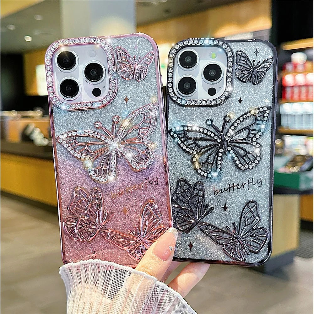 For iPhone 16 Pro Max Case Rhinestones Decor 3D Butterfly TPU Phone Cover with Glitter Paper - Blue - 4