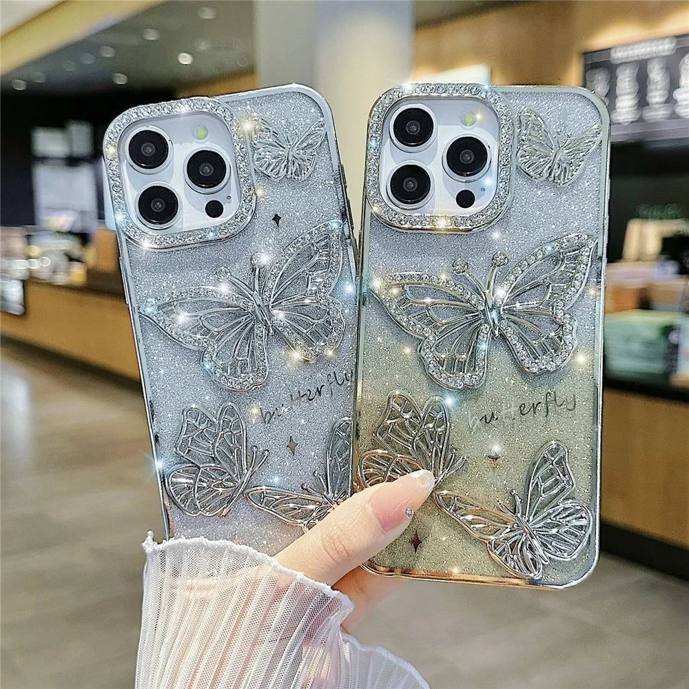 For iPhone 16 Pro Max Case Rhinestones Decor 3D Butterfly TPU Phone Cover with Glitter Paper - Blue - 5