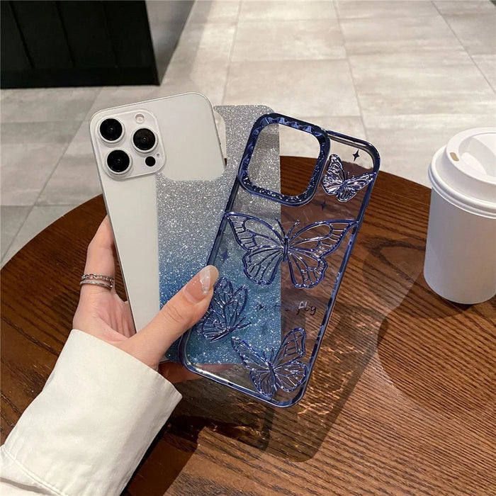 For iPhone 16 Pro Max Case 3D Butterfly TPU Phone Cover with Gradient Glitter Paper - Blue - 2