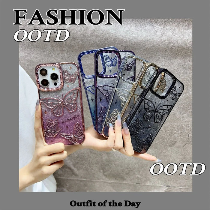 For iPhone 16 Pro Max Case 3D Butterfly TPU Phone Cover with Gradient Glitter Paper - Blue - 5