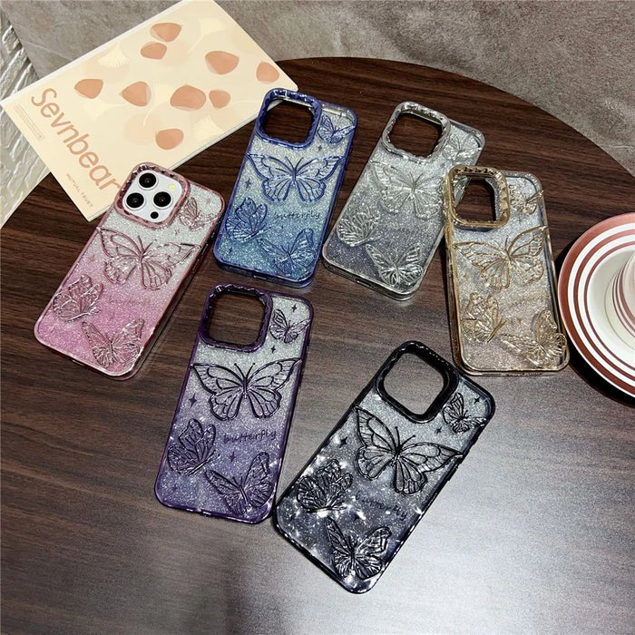 For iPhone 16 Pro Max Case 3D Butterfly TPU Phone Cover with Gradient Glitter Paper - Blue - 6