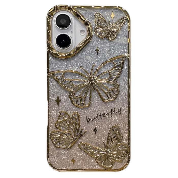 For iPhone 16 Case 3D Butterfly TPU Phone Cover with Gradient Glitter Paper - Gold - 1