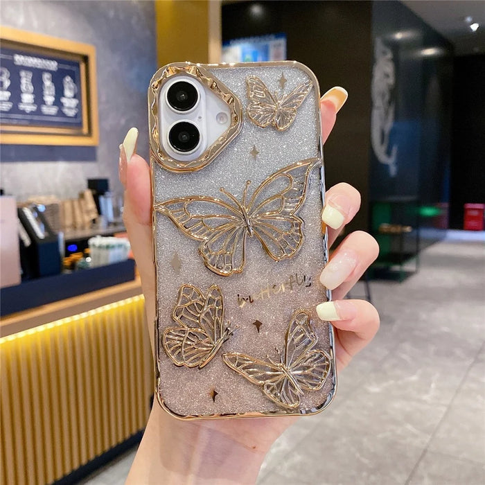For iPhone 16 Case 3D Butterfly TPU Phone Cover with Gradient Glitter Paper - Gold - 2