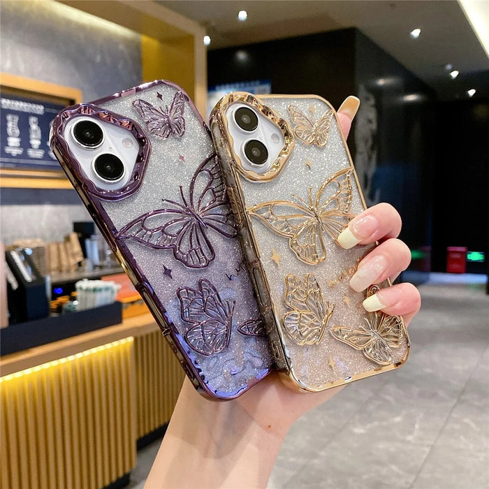 For iPhone 16 Case 3D Butterfly TPU Phone Cover with Gradient Glitter Paper - Gold - 3
