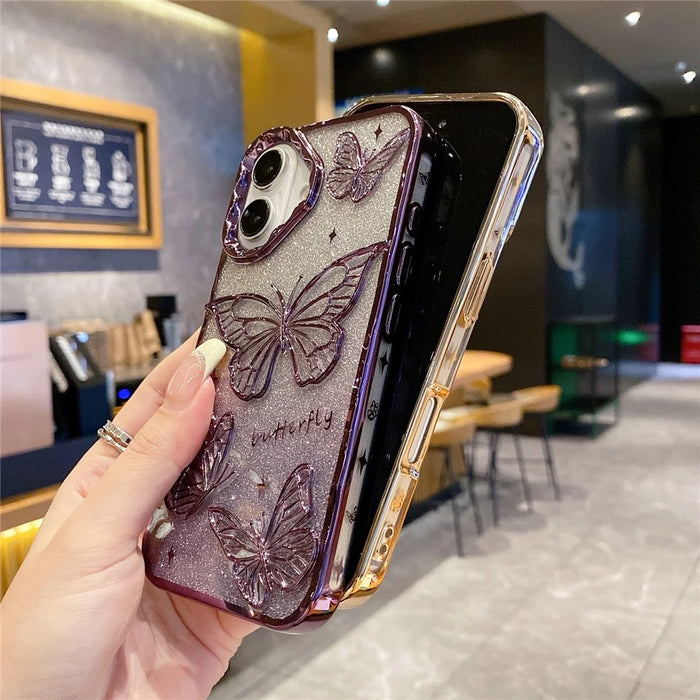 For iPhone 16 Case 3D Butterfly TPU Phone Cover with Gradient Glitter Paper - Gold - 4