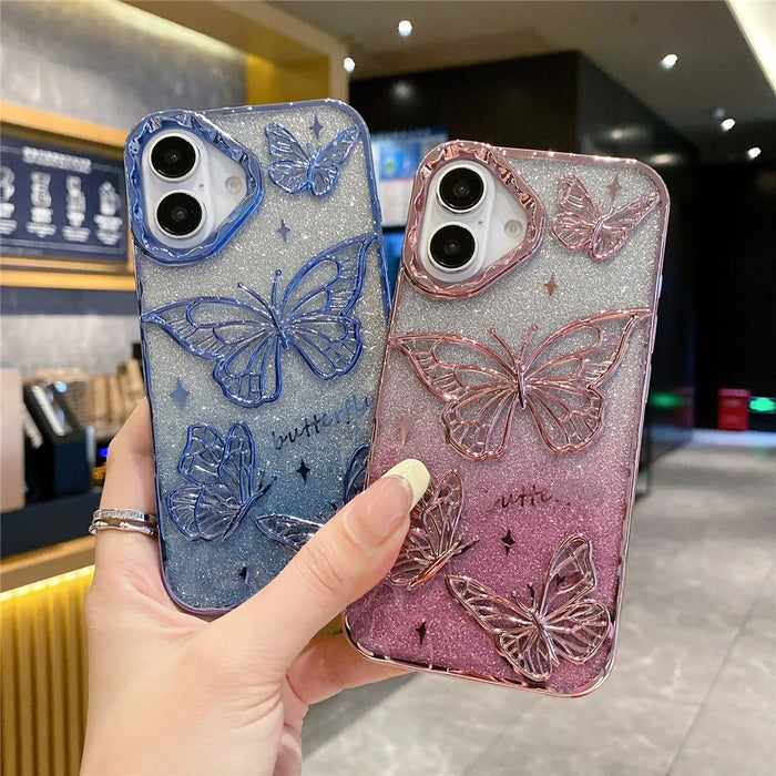 For iPhone 16 Case 3D Butterfly TPU Phone Cover with Gradient Glitter Paper - Gold - 5