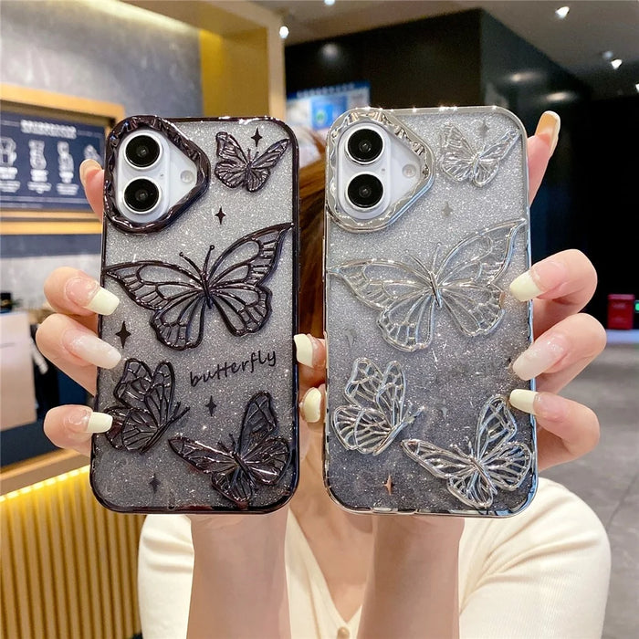 For iPhone 16 Case 3D Butterfly TPU Phone Cover with Gradient Glitter Paper - Gold - 6