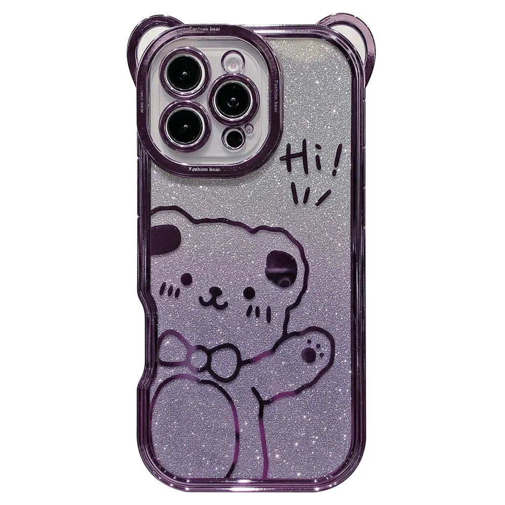 For iPhone 16 Pro Case Cute Bear Electroplating TPU Phone Cover with Gradient Glitter Paper - Purple - 1