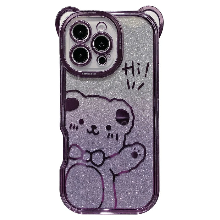 For iPhone 16 Pro Case Cute Bear Electroplating TPU Phone Cover with Gradient Glitter Paper - Purple - 1