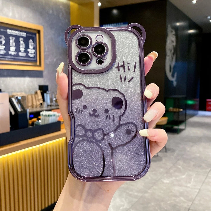 For iPhone 16 Pro Case Cute Bear Electroplating TPU Phone Cover with Gradient Glitter Paper - Purple - 2
