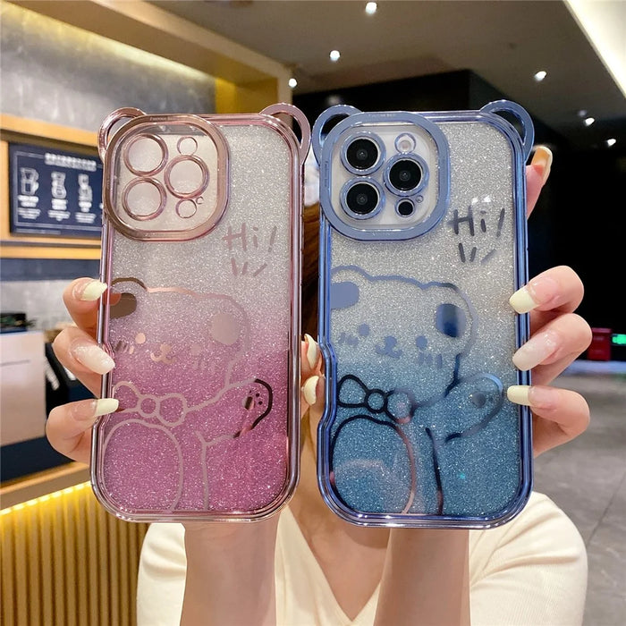 For iPhone 16 Pro Case Cute Bear Electroplating TPU Phone Cover with Gradient Glitter Paper - Purple - 5