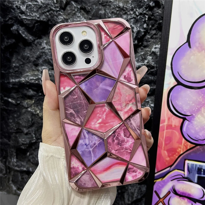 For iPhone 16 Pro Max Case Electroplating Rhombus Design TPU Phone Cover with Marble Pattern Paper - Pink - 2