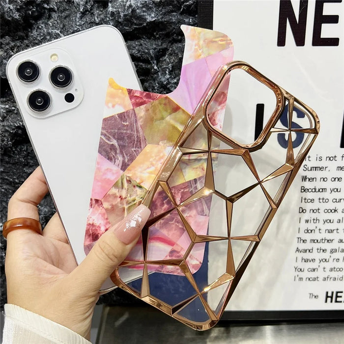 For iPhone 16 Pro Max Case Electroplating Rhombus Design TPU Phone Cover with Marble Pattern Paper - Pink - 3