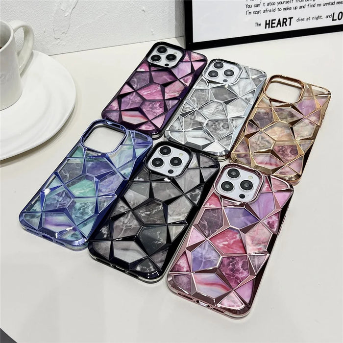 For iPhone 16 Pro Max Case Electroplating Rhombus Design TPU Phone Cover with Marble Pattern Paper - Pink - 5