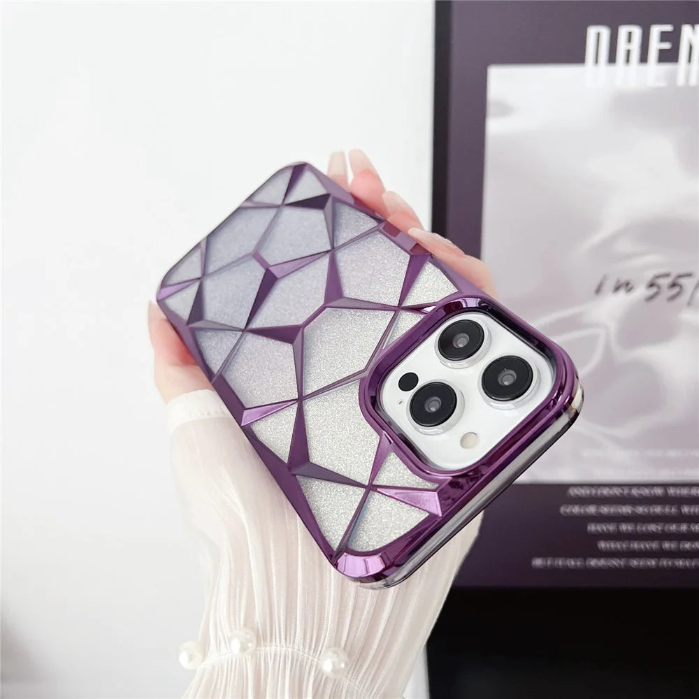 For iPhone 16 Pro Max Case Electroplating Rhombus Design TPU Gradient Phone Cover - Silver - 3