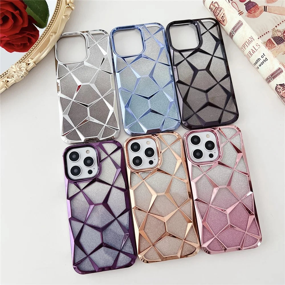 For iPhone 16 Pro Max Case Electroplating Rhombus Design TPU Gradient Phone Cover - Silver - 4