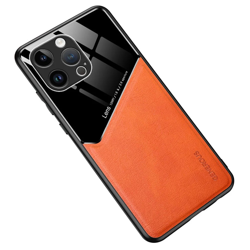 For iPhone 16 Pro Max Case Leather Coated PC+TPU Phone Back Cover - Orange - 1