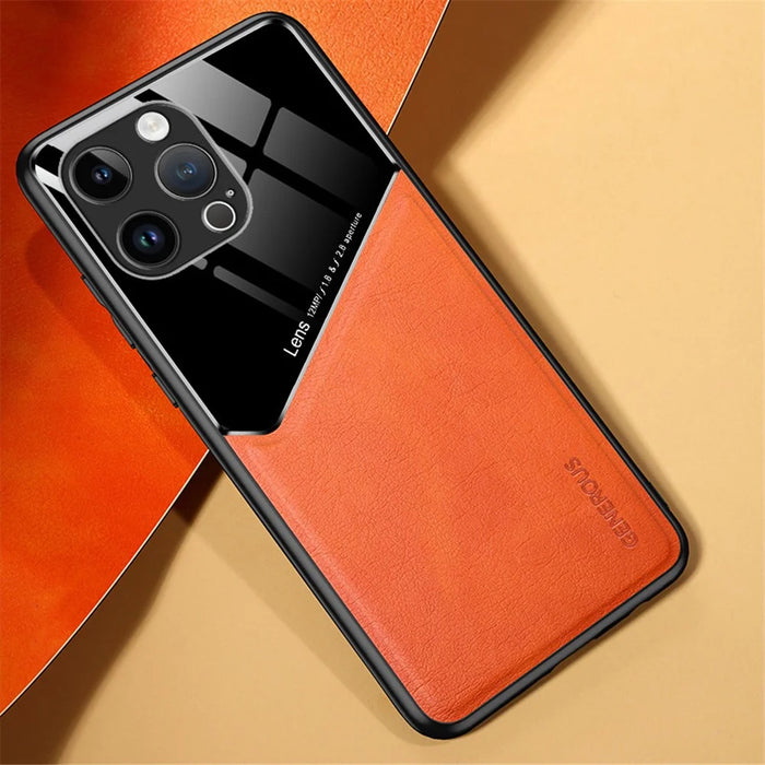 For iPhone 16 Pro Max Case Leather Coated PC+TPU Phone Back Cover - Orange - 2