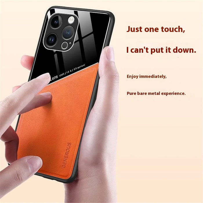 For iPhone 16 Pro Max Case Leather Coated PC+TPU Phone Back Cover - Orange - 3