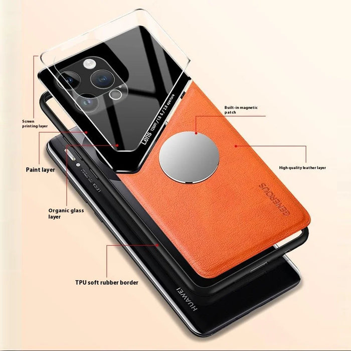 For iPhone 16 Pro Case Leather Coated PC+TPU Phone Back Cover - Orange - 4