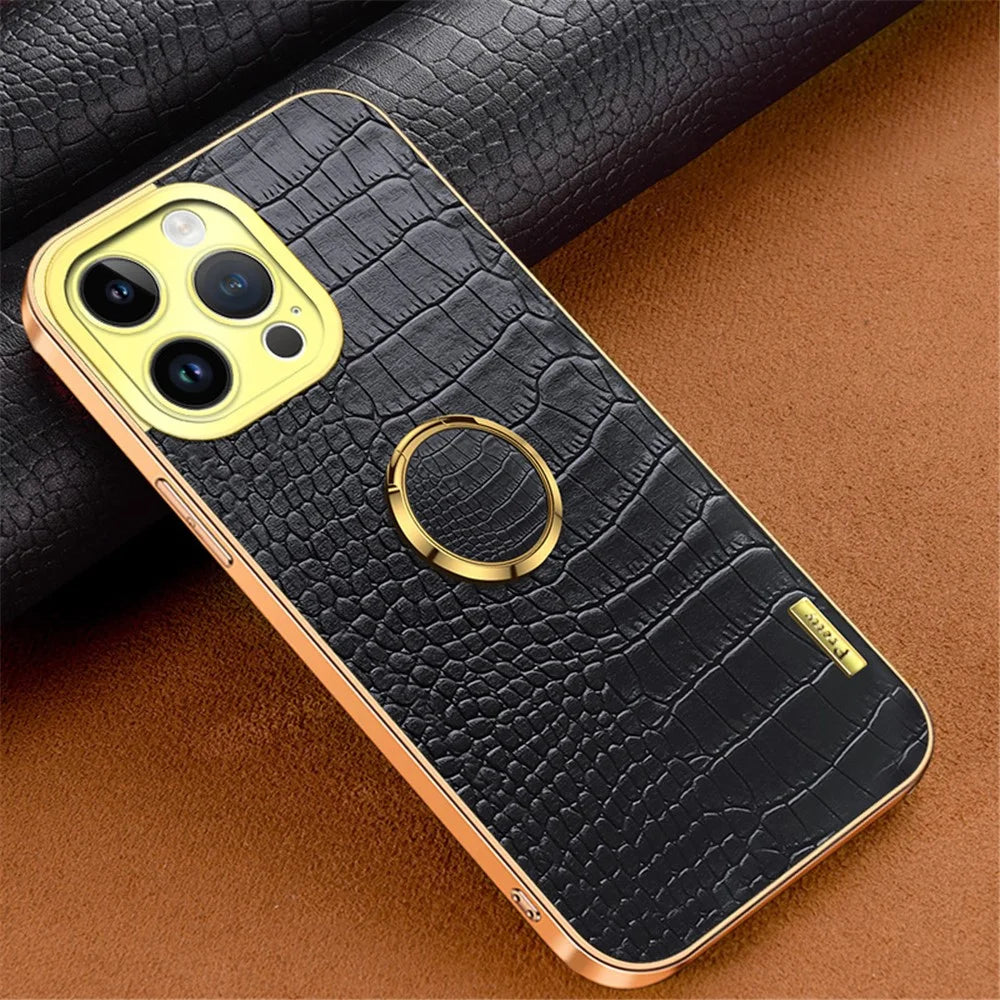 For iPhone 16 Pro Case Crocodile Texture Ring Kickstand TPU+Leather Electroplating Phone Cover - Black - 2
