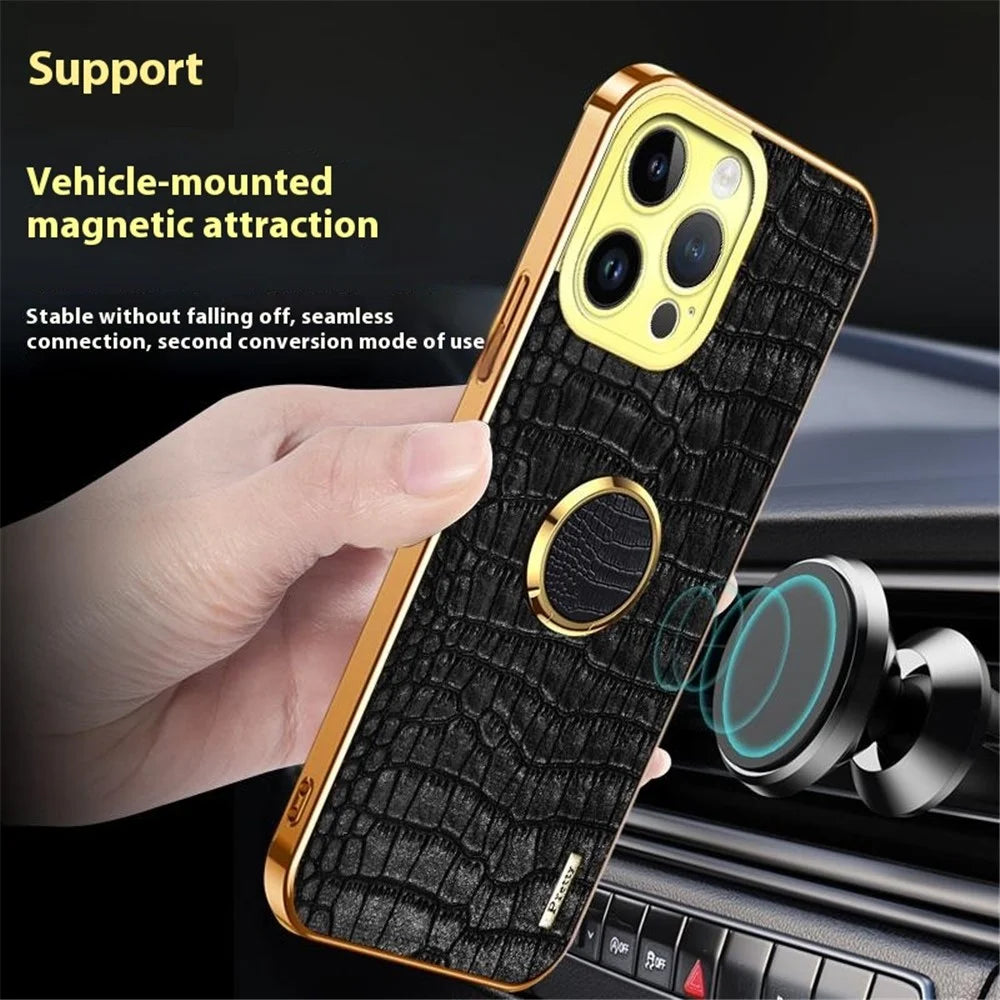 For iPhone 16 Pro Case Crocodile Texture Ring Kickstand TPU+Leather Electroplating Phone Cover - Black - 3