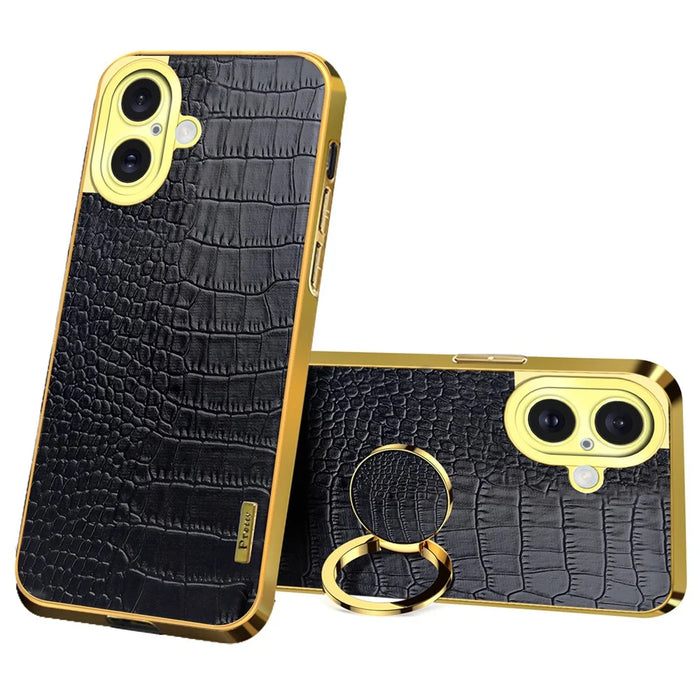 For iPhone 16 Plus Case Crocodile Texture Ring Kickstand TPU+Leather Electroplating Phone Cover - Black - 1