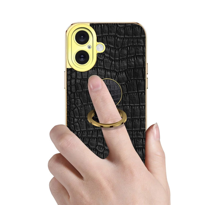 For iPhone 16 Plus Case Crocodile Texture Ring Kickstand TPU+Leather Electroplating Phone Cover - Black - 6