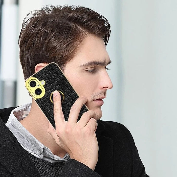 For iPhone 16 Plus Case Crocodile Texture Ring Kickstand TPU+Leather Electroplating Phone Cover - Black - 7