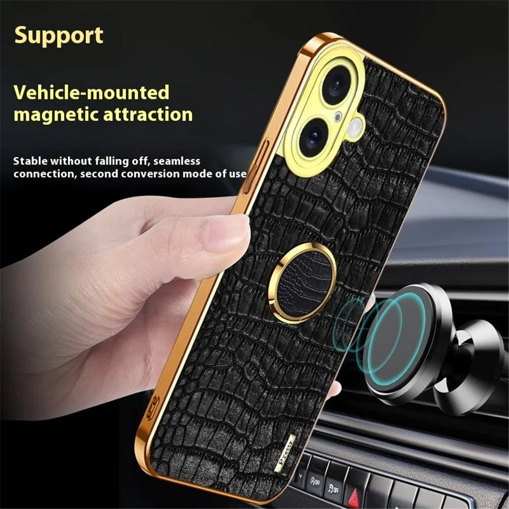 For iPhone 16 Case Crocodile Texture Ring Kickstand TPU+Leather Electroplating Phone Cover - Black - 3