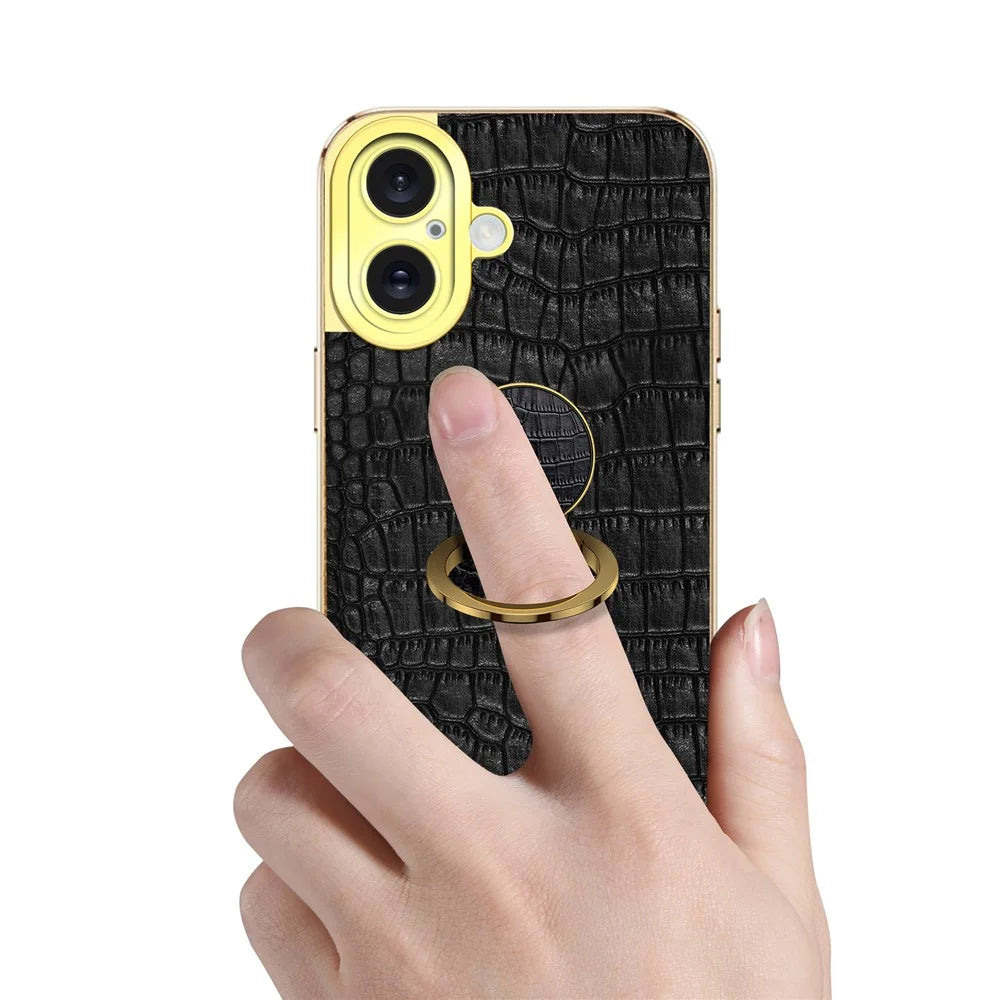 For iPhone 16 Case Crocodile Texture Ring Kickstand TPU+Leather Electroplating Phone Cover - Black - 6