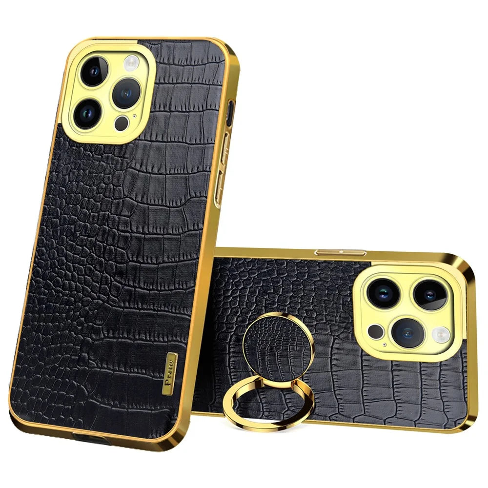 For iPhone 16 Pro Max Case Crocodile Texture Ring Kickstand TPU+Leather Electroplating Phone Cover - Black - 1