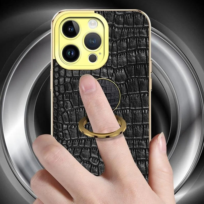 For iPhone 16 Pro Max Case Crocodile Texture Ring Kickstand TPU+Leather Electroplating Phone Cover - Black - 7
