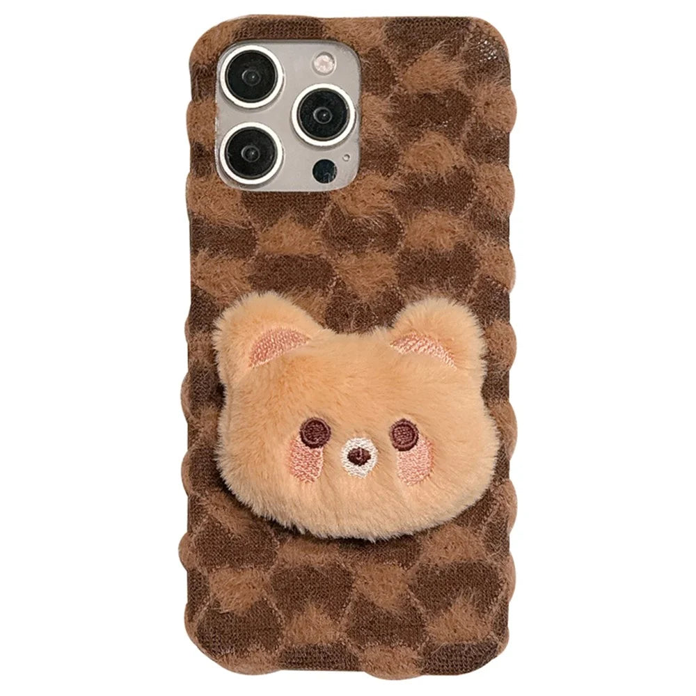 For iPhone 16 Pro Case Cute Furry Warm Plush Hard PC Winter Phone Cover - Bear - 1
