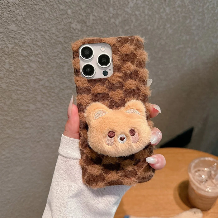 For iPhone 16 Pro Case Cute Furry Warm Plush Hard PC Winter Phone Cover - Bear - 2