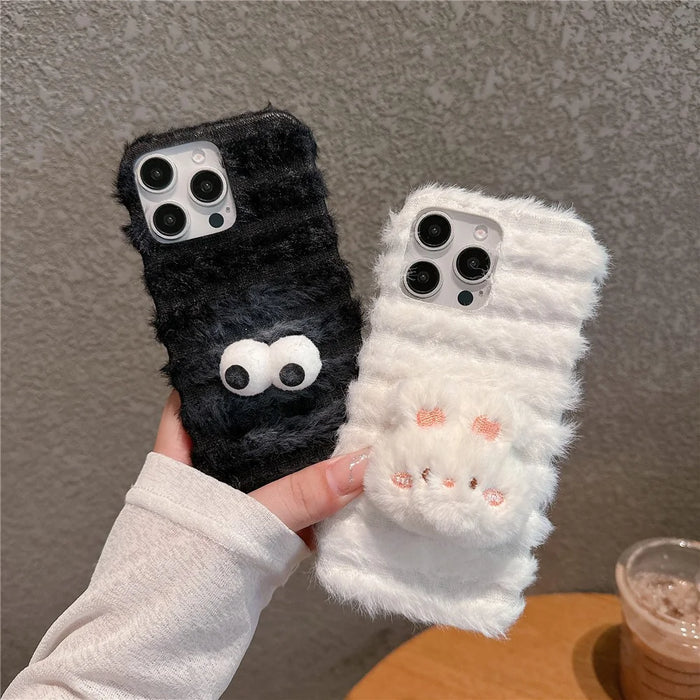 For iPhone 16 Pro Case Cute Furry Warm Plush Hard PC Winter Phone Cover - Bear - 7