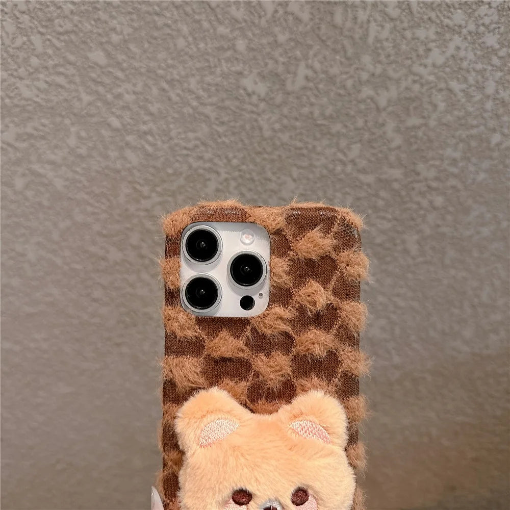 For iPhone 16 Pro Max Case Cute Furry Warm Plush Hard PC Winter Phone Cover - Bear - 6