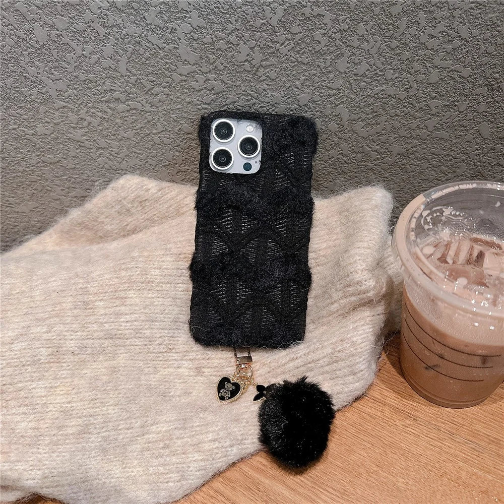 For iPhone 16 Pro Case Soft Plush Hard PC Winter Phone Cover with Cute Keychain Accessory - Black - 2