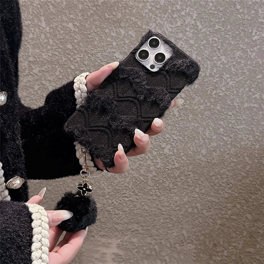 For iPhone 16 Pro Case Soft Plush Hard PC Winter Phone Cover with Cute Keychain Accessory - Black - 3