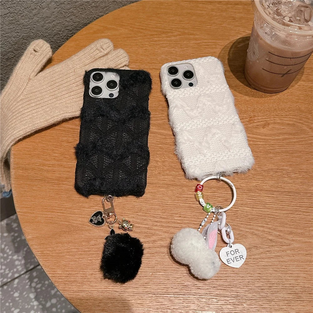 For iPhone 16 Pro Case Soft Plush Hard PC Winter Phone Cover with Cute Keychain Accessory - Black - 5
