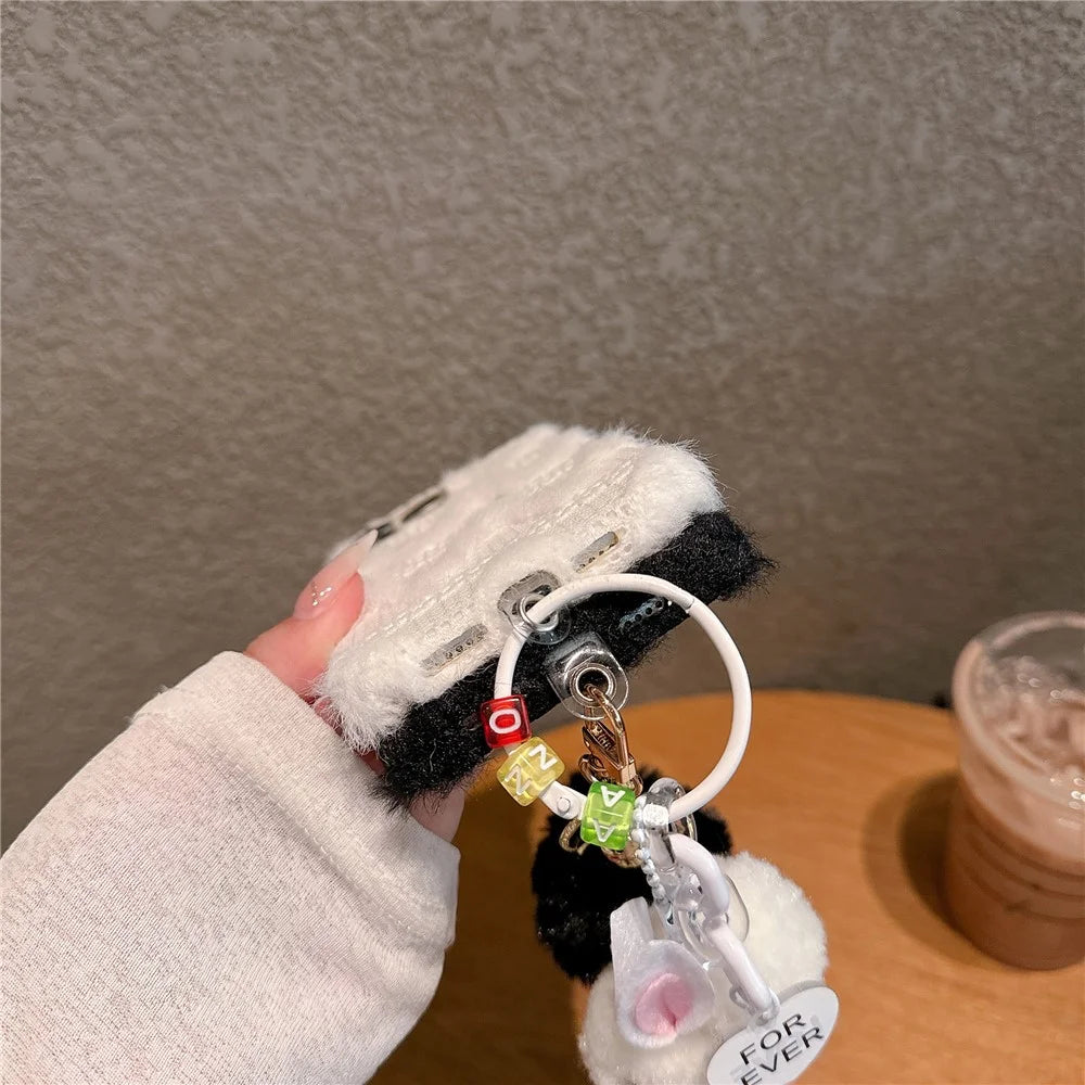 For iPhone 16 Pro Case Soft Plush Hard PC Winter Phone Cover with Cute Keychain Accessory - Black - 7