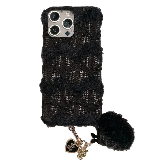 For iPhone 16 Pro Max Case Soft Plush Hard PC Winter Phone Cover with Cute Keychain Accessory - Black - 1