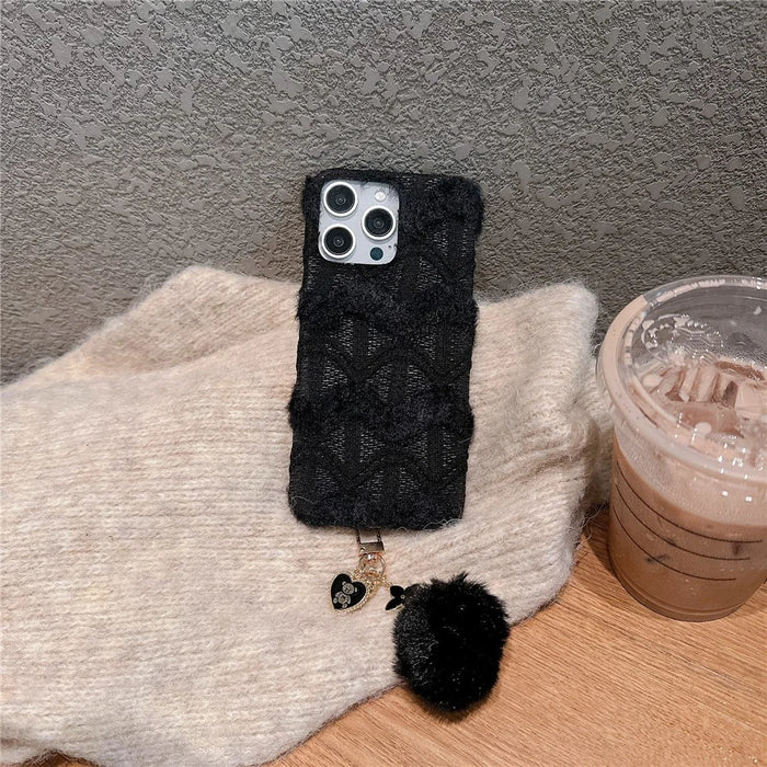 For iPhone 16 Pro Max Case Soft Plush Hard PC Winter Phone Cover with Cute Keychain Accessory - Black - 2