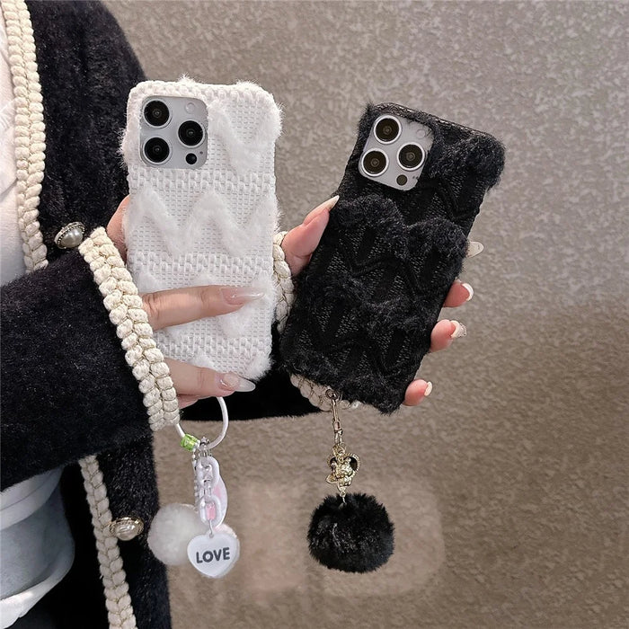 For iPhone 16 Pro Max Case Soft Plush Hard PC Winter Phone Cover with Cute Keychain Accessory - Black - 4