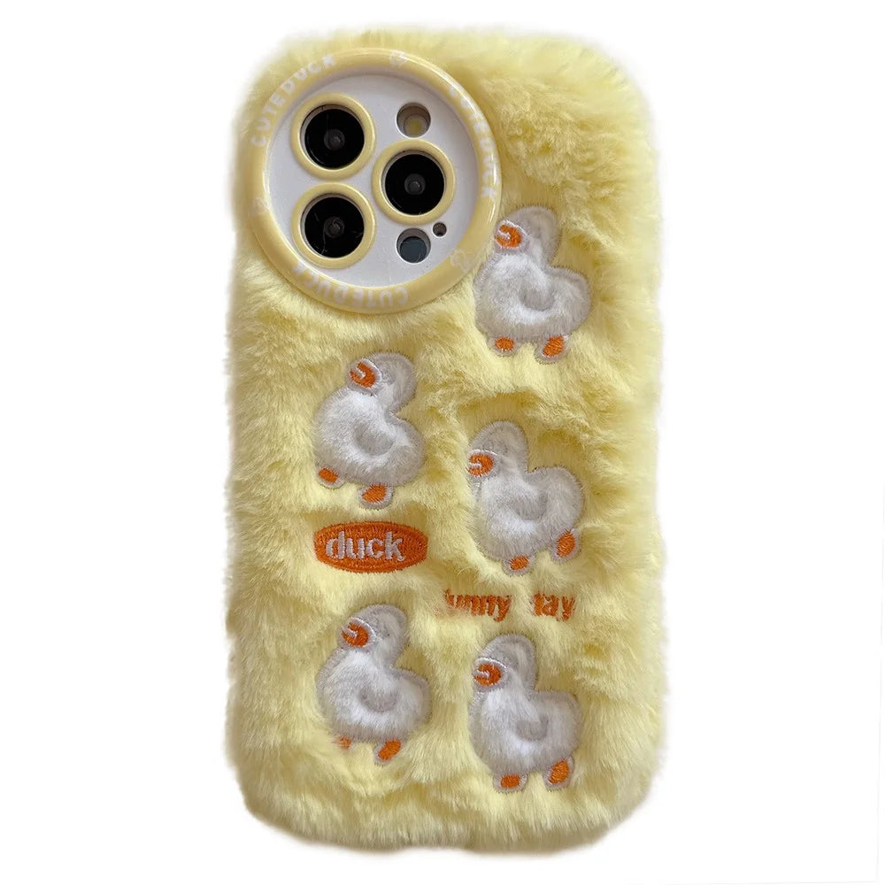 For iPhone 16 Pro Case Duck Embroidery Furry Warm Plush Soft TPU Phone Cover - Yellow - 1