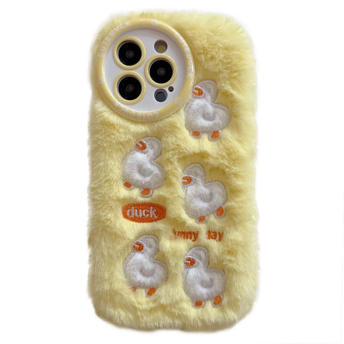 For iPhone 16 Pro Case Duck Embroidery Furry Warm Plush Soft TPU Phone Cover - Yellow - 1